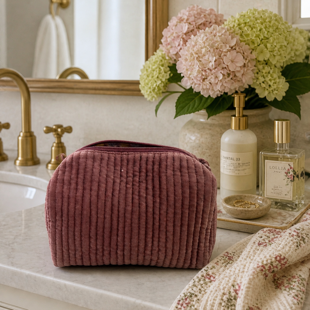 Velvet and Block Print Lined Cosmetic Pouch-Mauve