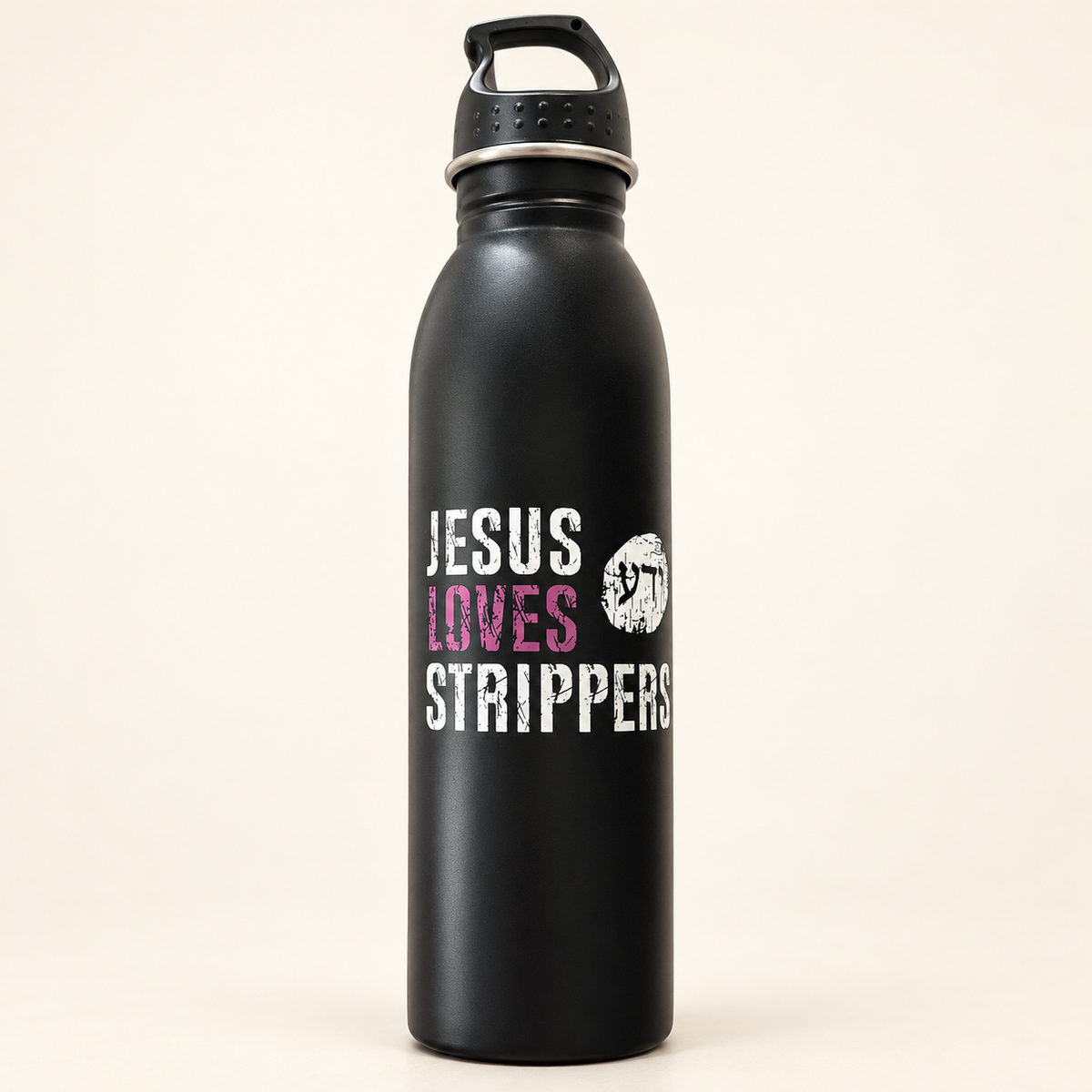 Black 26 oz Jesus Loves Strippers stainless steel water bottle with carry-loop lid