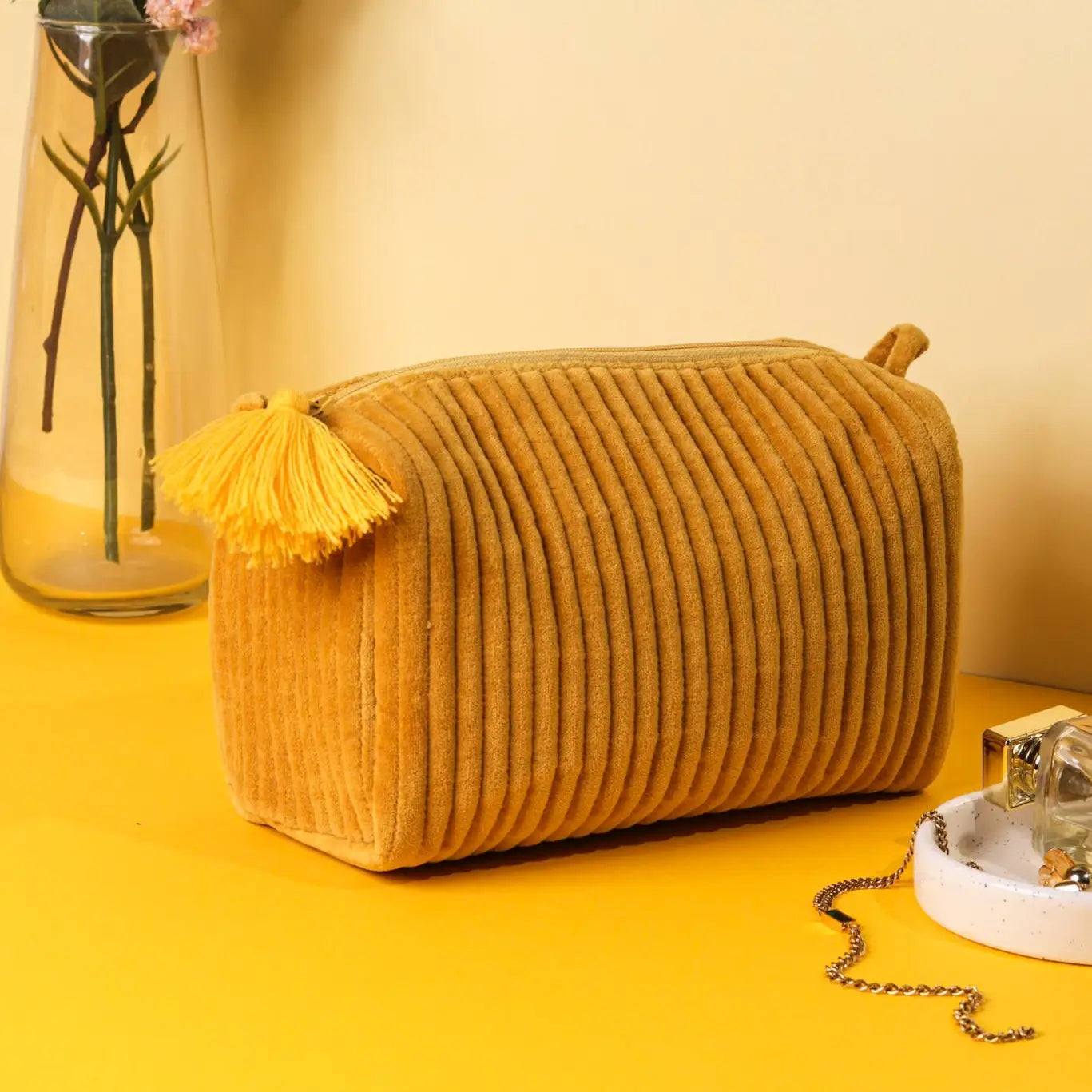 Velvet & Block Print Lined Cosmetic Pouch