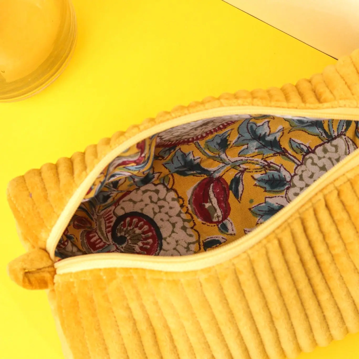 Velvet & Block Print Lined Cosmetic Pouch