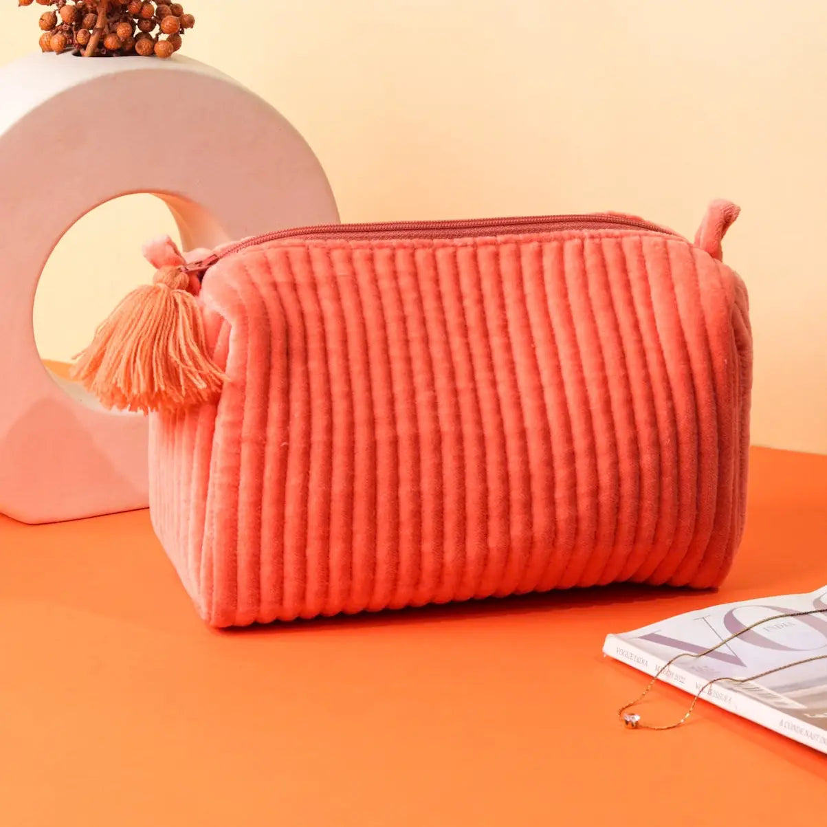 Velvet & Block Print Lined Cosmetic Pouch