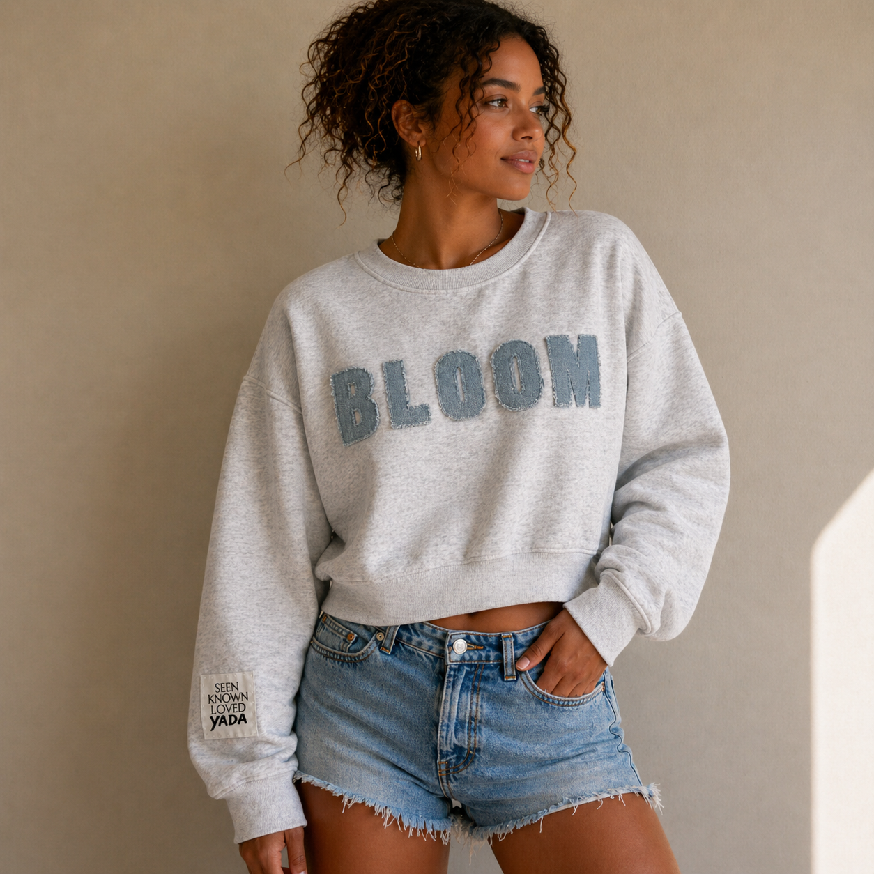 Bloom Denim Embroidered Crop Crewneck - Limited Edition